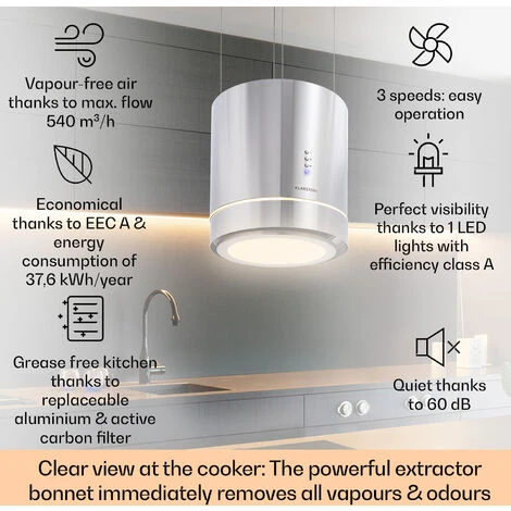 Klarstein Tron Ambience Island Extractor Hood Ø38cm Convection 540m³ / H LED Stainless Steel - Image 2