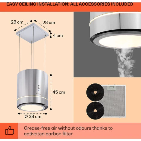 Klarstein Tron Ambience Island Extractor Hood Ø38cm Convection 540m³ / H LED Stainless Steel - Image 5