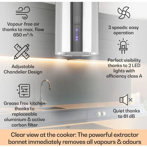 Klarstein Beretta Island Cooker Extractor Hood Ø35cm Exhaust / Circulating Air 650m³ / H LED Stainless Steel - Image 2