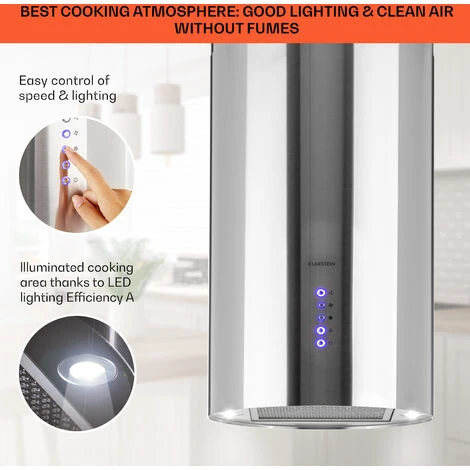 Klarstein Beretta Island Cooker Extractor Hood Ø35cm Exhaust / Circulating Air 650m³ / H LED Stainless Steel - Image 4