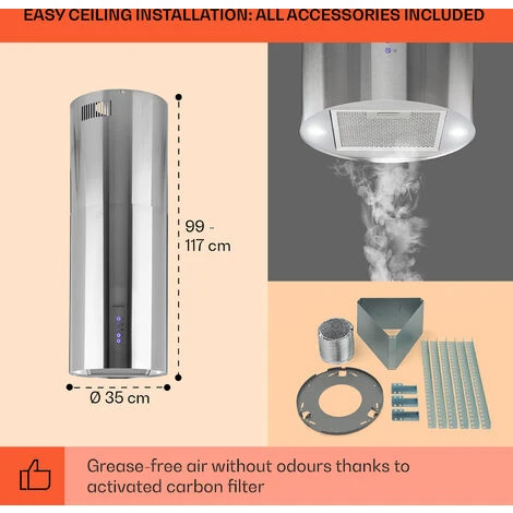 Klarstein Beretta Island Cooker Extractor Hood Ø35cm Exhaust / Circulating Air 650m³ / H LED Stainless Steel - Image 5