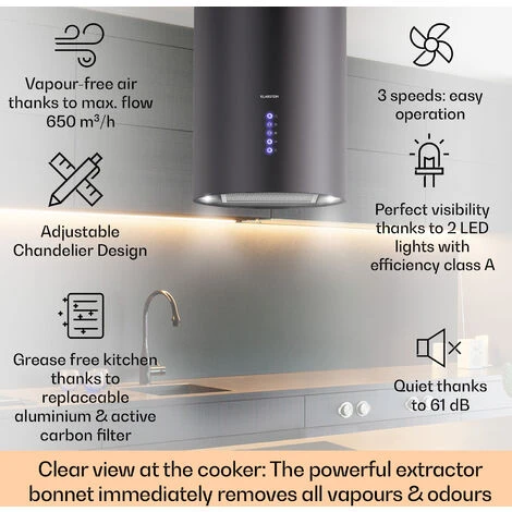 Klarstein Klarstein Beretta Island Cooker Extractor Hood Ø35cm Exhaust / Circulating Air 650m³ / H LED Black - Image 2