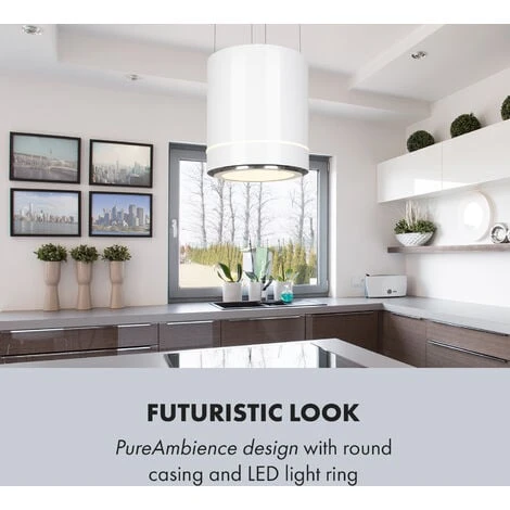 Klarstein Tron Ambience Island Cooker Extractor Hood Ø38cm Recirculation 540m³ / H LED White - Image 4