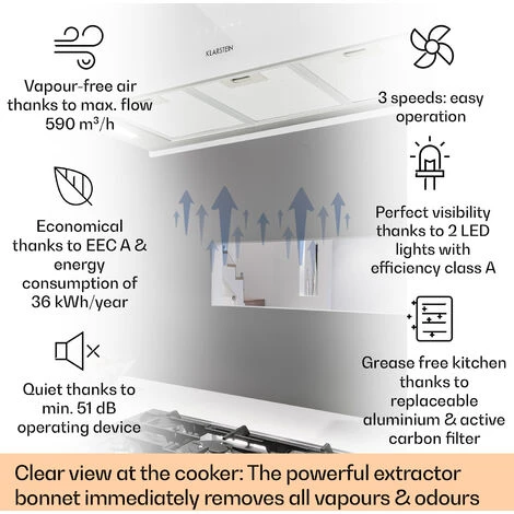 Klarstein Kronleuchter XL Kitchen Island Extractor Hood 90cm Recirculation 590m³/h LED Touchscreen White - Image 2