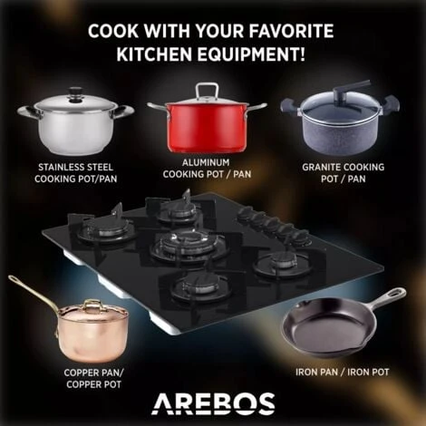 AREBOS Gas Hob 5 Burners Glass Ceramic Incl. Pot Rack & Ignition Fuse Autarkic Suitable For Natural Gas Or Propane Gas Gas Cooker Gas Cooker - Image 4