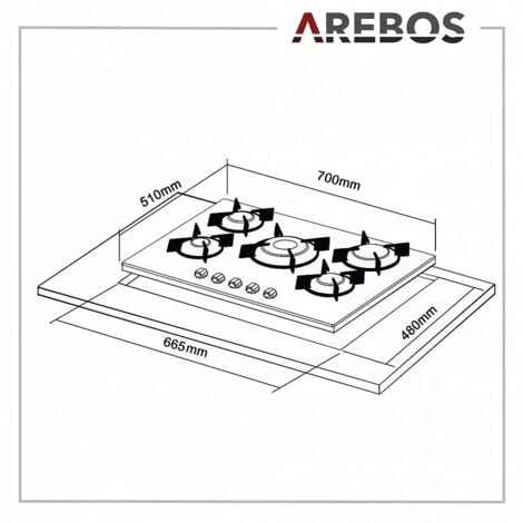 AREBOS Gas Hob 5 Burners Glass Ceramic Incl. Pot Rack & Ignition Fuse Autarkic Suitable For Natural Gas Or Propane Gas Gas Cooker Gas Cooker - Image 5