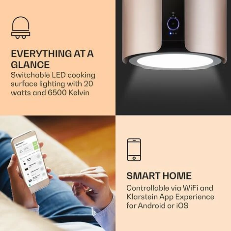 Klarstein Skyfall Smart, Island Extractor Hood, Ø45cm, Circulating Air, 402m³ / H, LED, Stainless Steel, Gold - Image 3