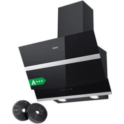 CIARRA 60cm Angled Cooker Hood Touch Control 650m3/h Black Glass Chimney Hood Class A++ LED 4 Speeds -736NBK60