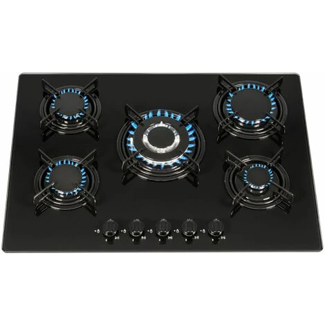 SIA GHG713BL 70cm Black 5 Burner Gas On Glass Hob With Enamel Pan Stands & FFD