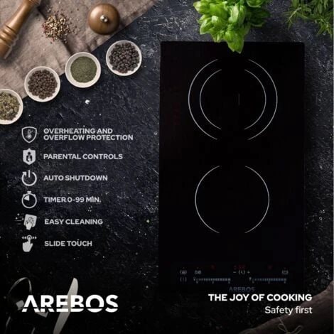 AREBOS Glass Ceramic Hob 3000 W 2 Hobs 30cm Autarkic With Sensor Touch Child Safety Lock Overheating Protection Auto Switch-off - Image 3