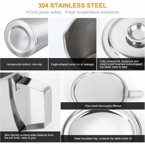 Bacon Grease Container With Stainless Steel Grease Strainer Perfect As Pan Grease Holder, Cooking Oil Keeper And Storage1.2L - Image 4