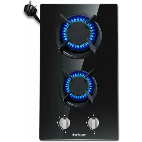 Karinear 30cm Built-in 2 Burners Gas Hob Black Tempered Glass Gas Cooktop, Cast Iron Pan Support, NG/LPG Convertible