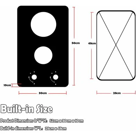 Karinear 30cm Built-in 2 Burners Gas Hob Black Tempered Glass Gas Cooktop, Cast Iron Pan Support, NG/LPG Convertible - Image 2