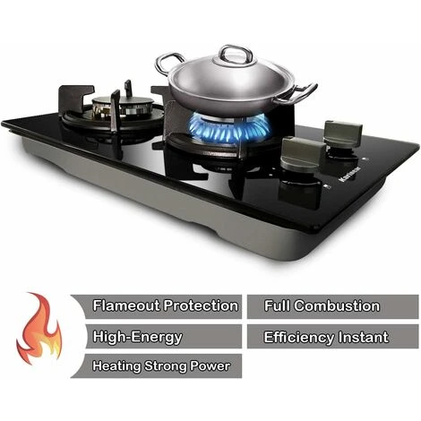 Karinear 30cm Built-in 2 Burners Gas Hob Black Tempered Glass Gas Cooktop, Cast Iron Pan Support, NG/LPG Convertible - Image 3