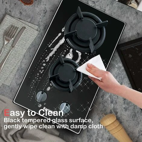 Karinear 30cm Built-in 2 Burners Gas Hob Black Tempered Glass Gas Cooktop, Cast Iron Pan Support, NG/LPG Convertible - Image 5