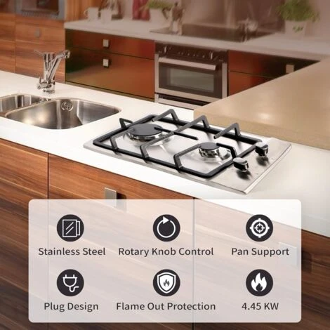 NOXTON Built-in 2 Burner Gas Cooker, Stainless Steel Gas Hob With Plug, Cast Iron Pan Support, Flame Out Protection, NG/LPG Kit - Image 2