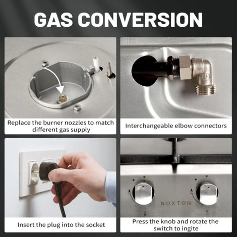 NOXTON Built-in 2 Burner Gas Cooker, Stainless Steel Gas Hob With Plug, Cast Iron Pan Support, Flame Out Protection, NG/LPG Kit - Image 4