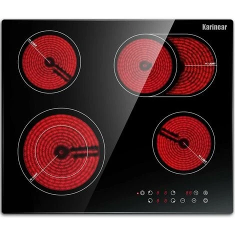 Karinear Ceramic Hob, 60cm Built-in 4 Zones Electric Cooktop With Dual Oval Zone 6600W, Hard Wired, No Plug Included