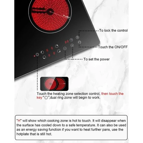 Karinear Ceramic Hob, 60cm Built-in 4 Zones Electric Cooktop With Dual Oval Zone 6600W, Hard Wired, No Plug Included - Image 3