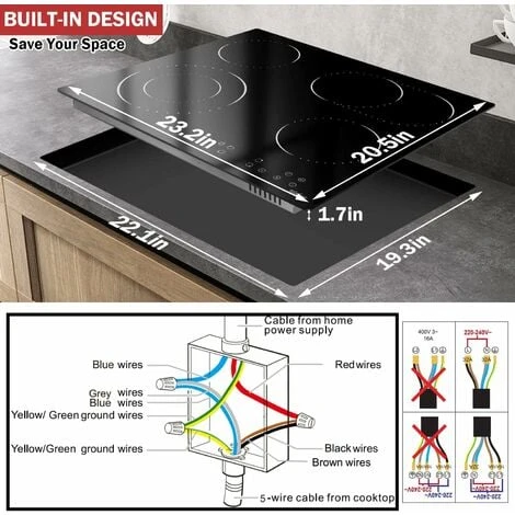 Ceramic Hob, 4 Zone Built-in Electric Hob 60cm, Ceramic Cooktop With Touch Control, 6400W, 9 Power Levels, Dual Ring Zone, Oval Zone, Timer, Child Lock, For All Pots, Hard Wired, Without Plug - Image 2