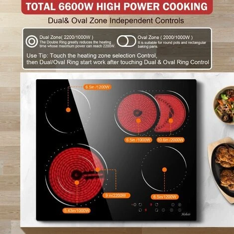 Ceramic Hob, 4 Zone Built-in Electric Hob 60cm, Ceramic Cooktop With Touch Control, 6400W, 9 Power Levels, Dual Ring Zone, Oval Zone, Timer, Child Lock, For All Pots, Hard Wired, Without Plug - Image 3