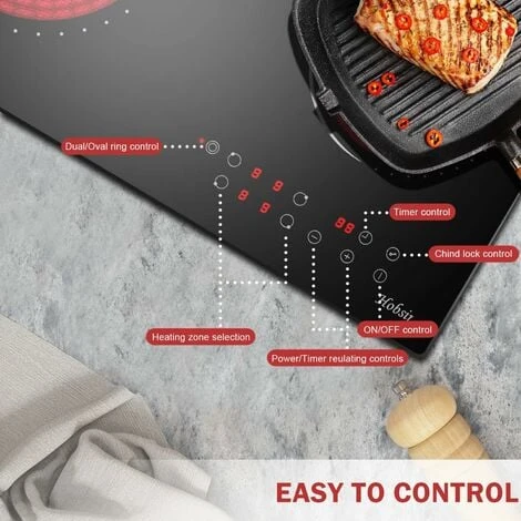 Ceramic Hob, 4 Zone Built-in Electric Hob 60cm, Ceramic Cooktop With Touch Control, 6400W, 9 Power Levels, Dual Ring Zone, Oval Zone, Timer, Child Lock, For All Pots, Hard Wired, Without Plug - Image 4