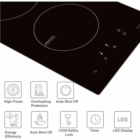 NOXTON Induction Hob Built-in 2 Zone Domino Electric Hobs With Touch Controls Black Glass Hot Plate 30cm 3500W - Image 4