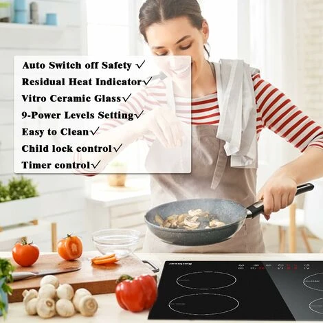 Karinear Plug In Induction Hob, 60cm 4 Zones Electric Hob With Touch Control, Black Vitro Ceramic Glass - Image 2