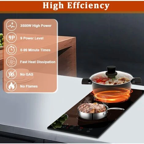 2 Zone Induction Hob, Hobsir Electric Hob 30cm, Built-in Induction Cooker, Touch Control, 9 Heating Levels, Safety Lock, Timer, 3500W, Hard Wire, No Plug Included - Image 3
