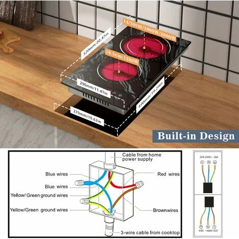 2 Zone Ceramic Hob, Hobsir Built-in Electric Hob 30cm, Marble, 3200W, Touch Control, Doul Zone, 9 Heating Levels, Safety Lock,Timer, Hard Wire, No Plug Included, LH09 - Image 2
