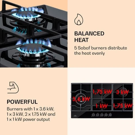 Klarstein Ignito Chef Edition 5 Zones Gas Hob 5 Burners Sabaf Burners Glass Ceramic - Image 3