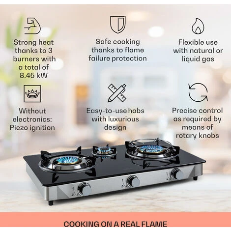 Klarstein Barzona 3 Camping Stove 3 Burners 3.4 KW & 0.75 KW & 4.3 KW Glass Top And Stainless Steel Housing - Image 2